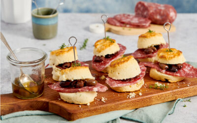 Salty parmesan scones with salami, olives, and thyme