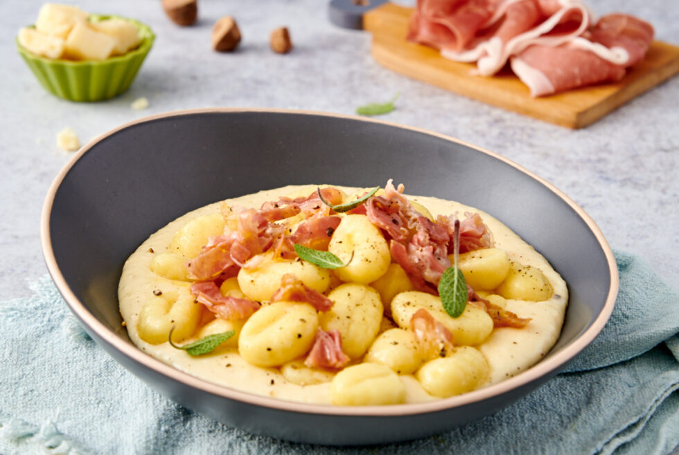 Potato gnocchi with dry cured ham, sage and Parmigiano Reggiano cheese ...